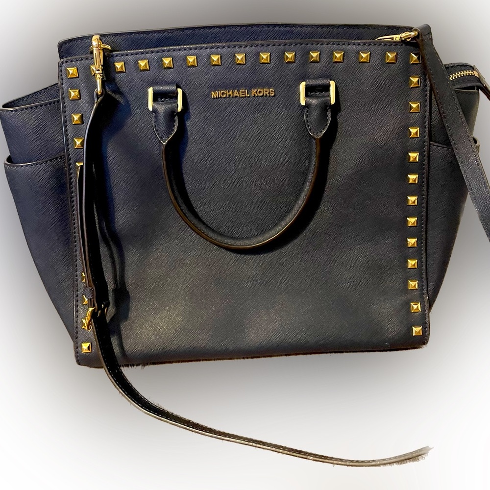 NWOT Michael Kors Gorgeous Large Selma Studded Tote Crossbody Pocketbook Navy - Picture 3 of 11